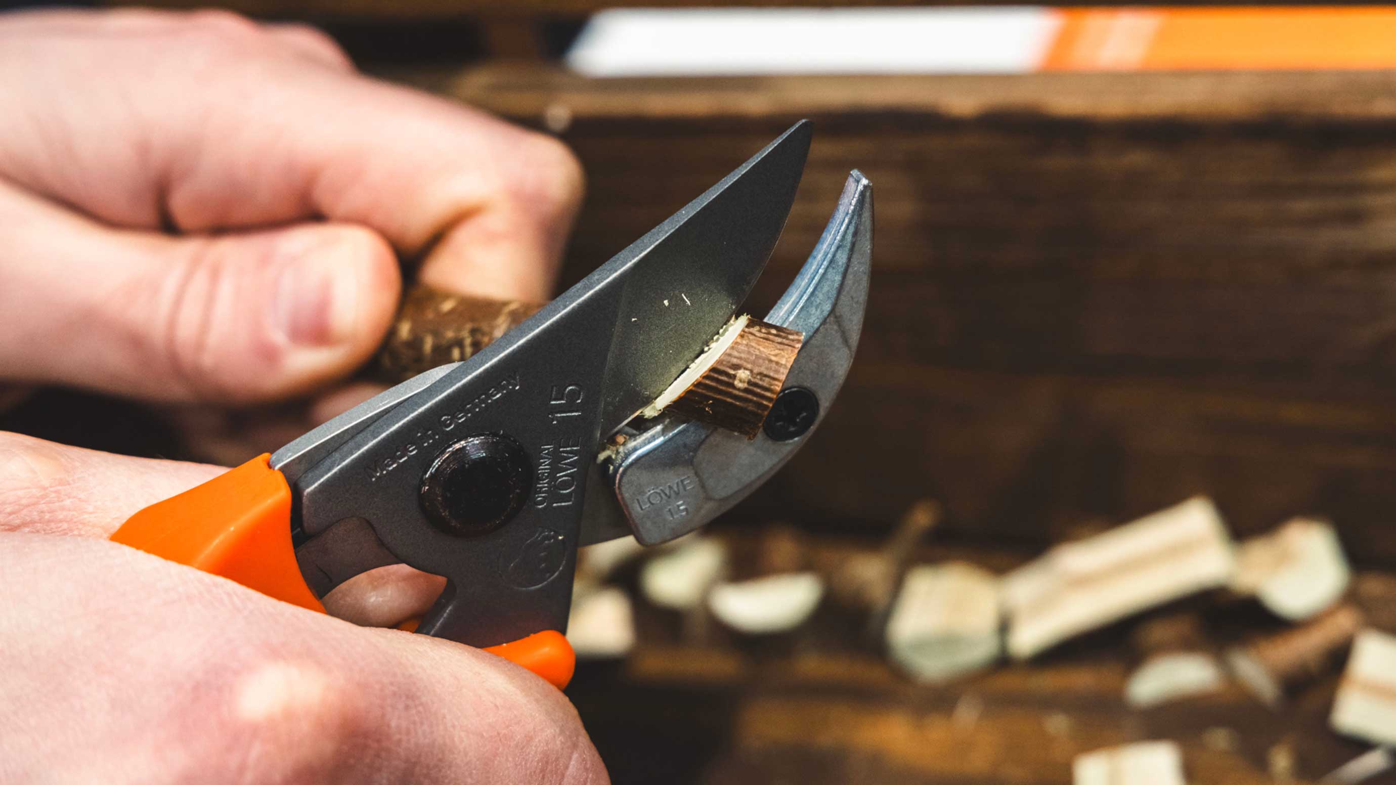 Einige Original LÖWE Werkzeuge beim Schneiden eines Holzastes.